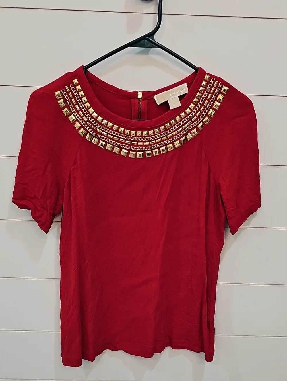 Michael Kors Red Short Sleeve Top with Gold Neck Embellishment